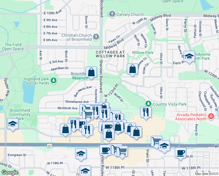 map of restaurants, bars, coffee shops, grocery stores, and more near 12356 Wolff Drive in Broomfield