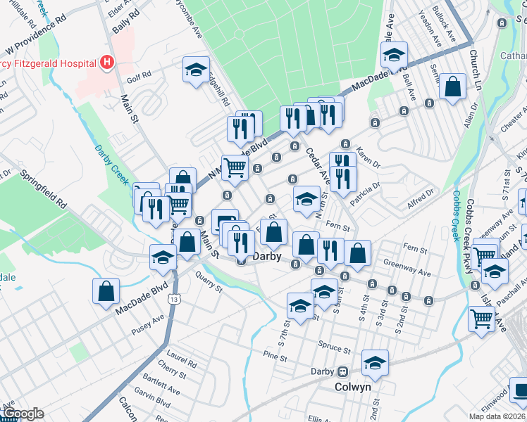 map of restaurants, bars, coffee shops, grocery stores, and more near 135 North 9th Street in Darby