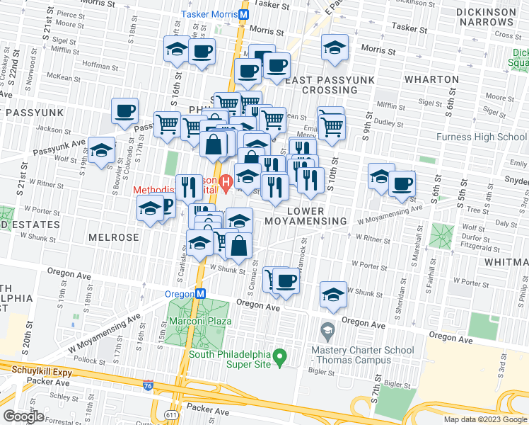 map of restaurants, bars, coffee shops, grocery stores, and more near 1216 Fitzgerald Street in Philadelphia