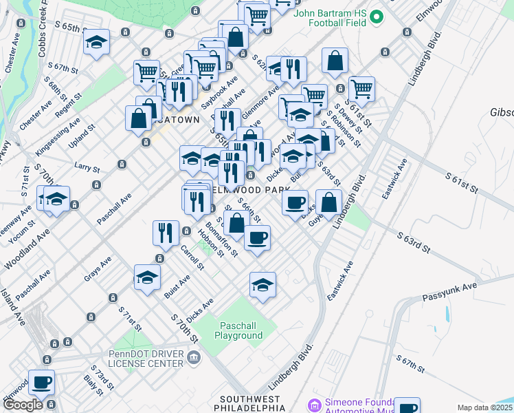 map of restaurants, bars, coffee shops, grocery stores, and more near 6537 Buist Avenue in Philadelphia