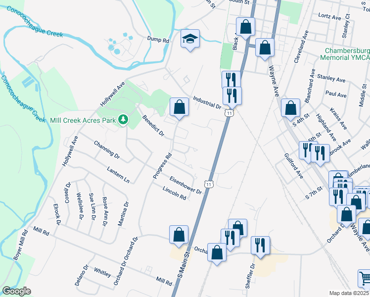 map of restaurants, bars, coffee shops, grocery stores, and more near 100 Green Meadow Lane in Chambersburg