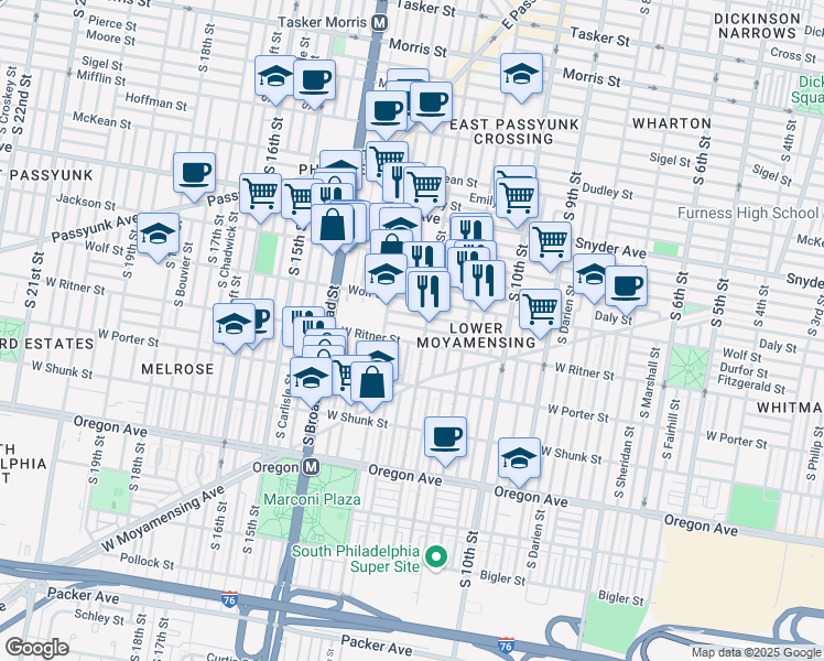 map of restaurants, bars, coffee shops, grocery stores, and more near 1216 Fitzgerald Street in Philadelphia