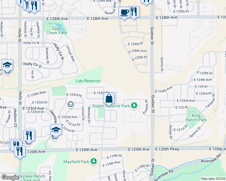 map of restaurants, bars, coffee shops, grocery stores, and more near 6751 East 123rd Drive in Brighton