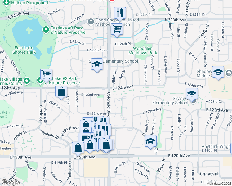 map of restaurants, bars, coffee shops, grocery stores, and more near East 124th Avenue in Thornton