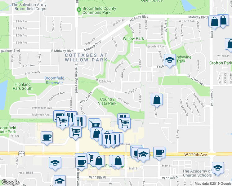 map of restaurants, bars, coffee shops, grocery stores, and more near 12347 Winona Court in Broomfield
