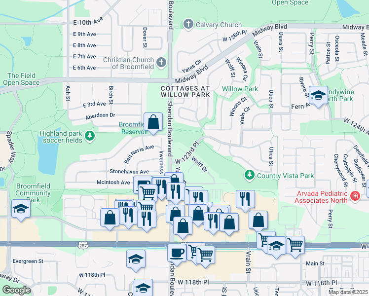 map of restaurants, bars, coffee shops, grocery stores, and more near 12356 Wolff Drive in Broomfield