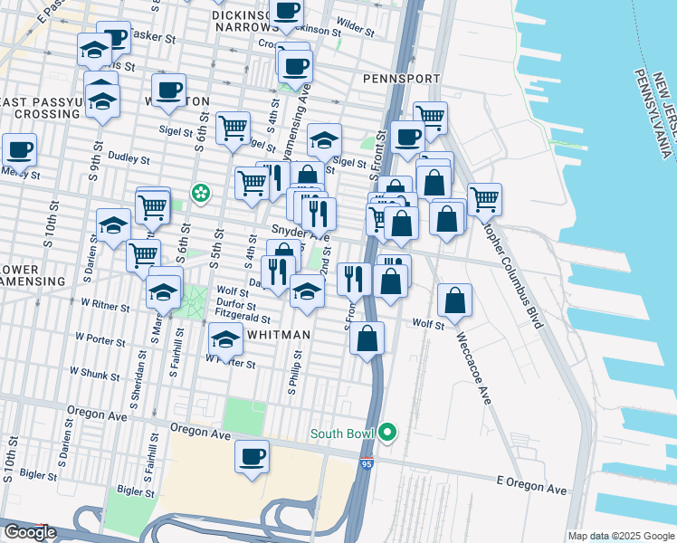 map of restaurants, bars, coffee shops, grocery stores, and more near 2133 South 2nd Street in Philadelphia