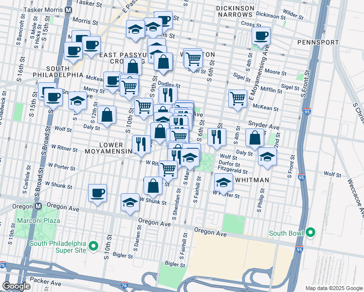 map of restaurants, bars, coffee shops, grocery stores, and more near 709 Daly Street in Philadelphia