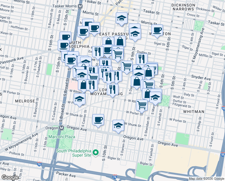 map of restaurants, bars, coffee shops, grocery stores, and more near in Philadelphia