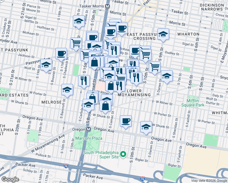 map of restaurants, bars, coffee shops, grocery stores, and more near 2319 South 13th Street in Philadelphia
