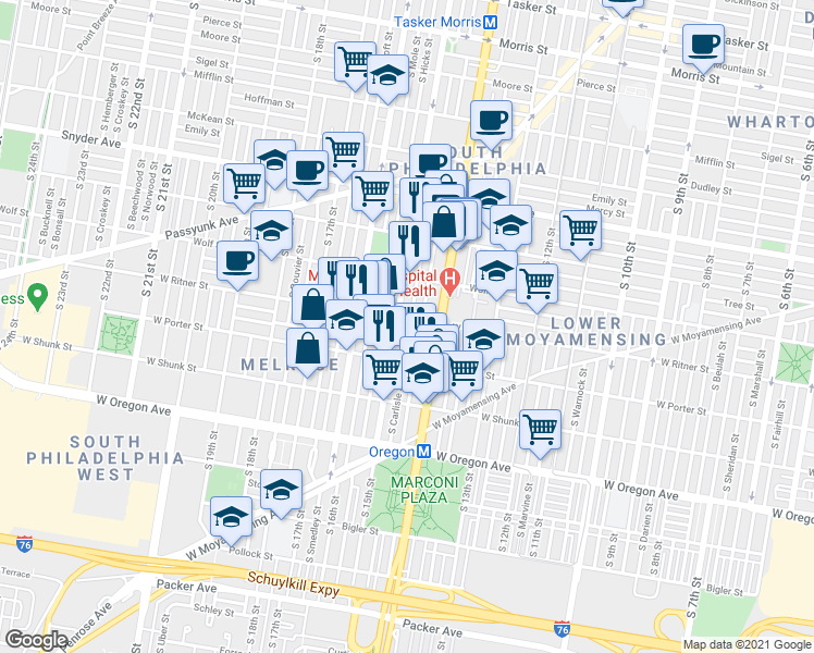 map of restaurants, bars, coffee shops, grocery stores, and more near 1507 West Ritner Street in Philadelphia