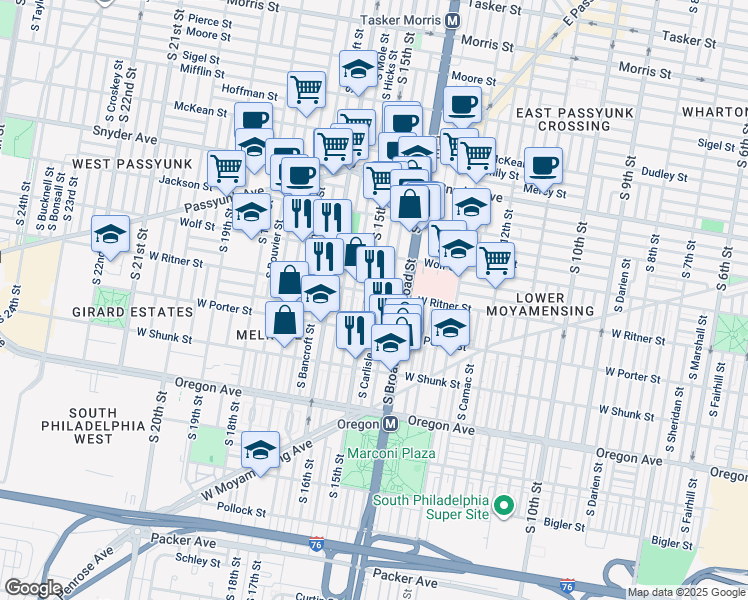 map of restaurants, bars, coffee shops, grocery stores, and more near 1507 West Ritner Street in Philadelphia