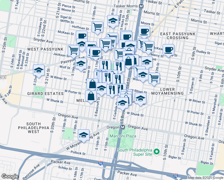 map of restaurants, bars, coffee shops, grocery stores, and more near 1507 West Ritner Street in Philadelphia