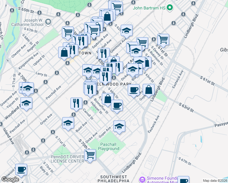 map of restaurants, bars, coffee shops, grocery stores, and more near 2519 South 66th Street in Philadelphia