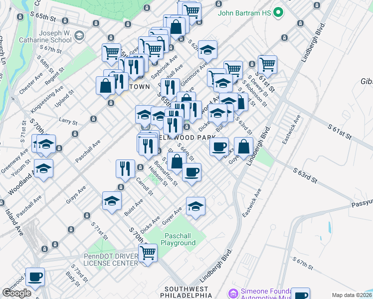 map of restaurants, bars, coffee shops, grocery stores, and more near 2519 South 66th Street in Philadelphia