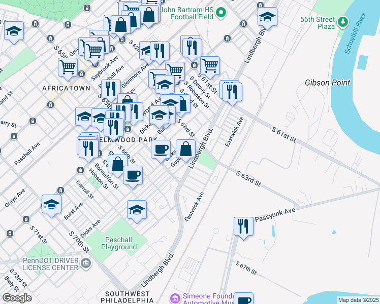 map of restaurants, bars, coffee shops, grocery stores, and more near 6306 Guyer Avenue in Philadelphia