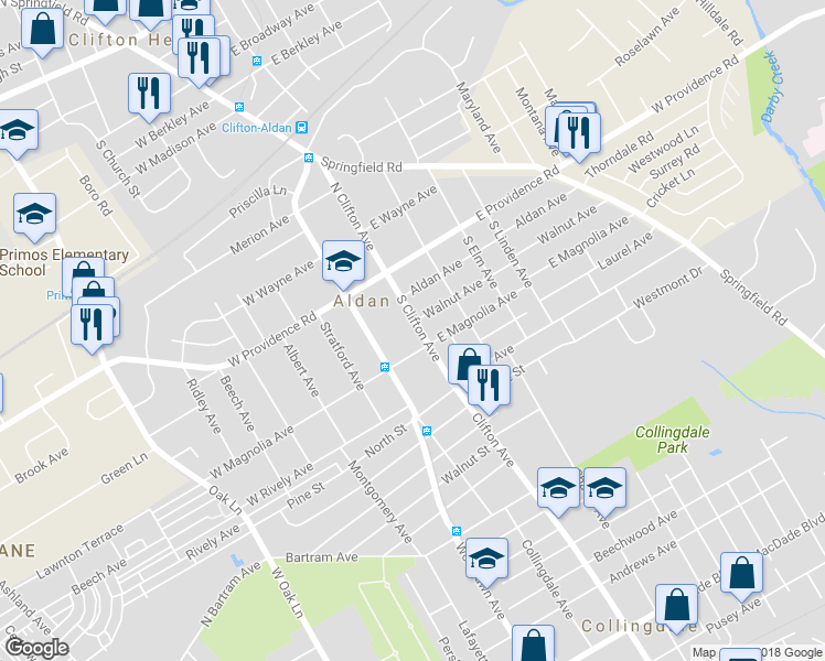 map of restaurants, bars, coffee shops, grocery stores, and more near 50 South Clifton Avenue in Aldan