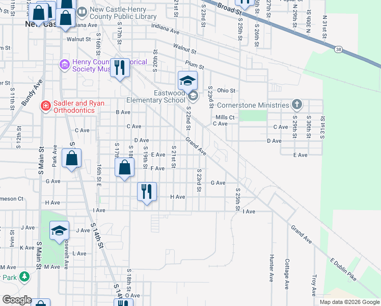 map of restaurants, bars, coffee shops, grocery stores, and more near 2259-2299 Grand Avenue in New Castle
