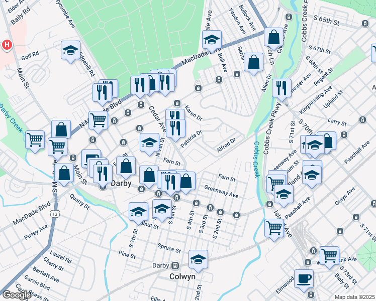 map of restaurants, bars, coffee shops, grocery stores, and more near 413 Coventry Avenue in Darby