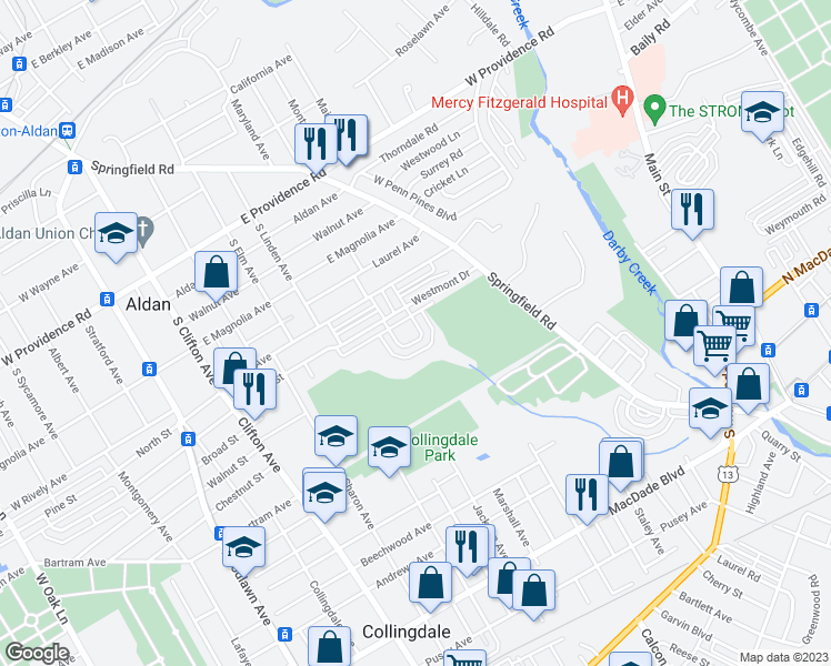 map of restaurants, bars, coffee shops, grocery stores, and more near 1014 Minden Lane in Collingdale