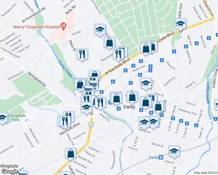 map of restaurants, bars, coffee shops, grocery stores, and more near 36 North 10th Street in Darby