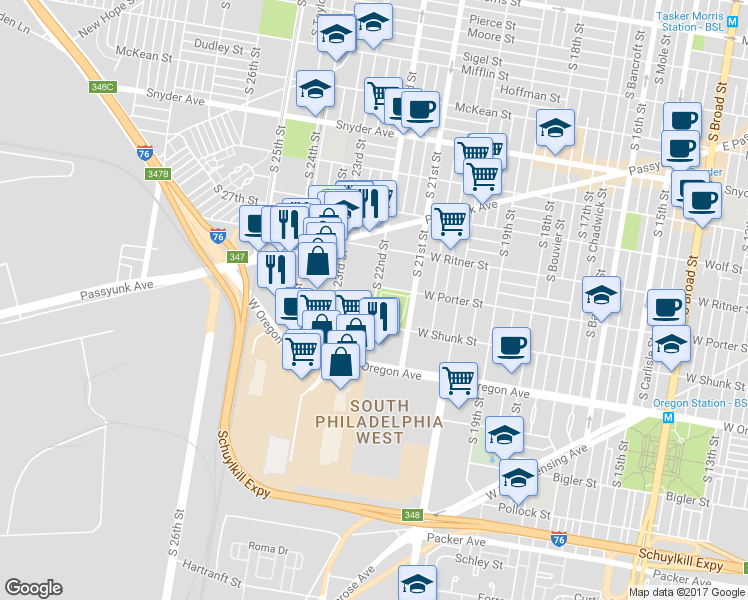 map of restaurants, bars, coffee shops, grocery stores, and more near 2512 South 22nd Street in Philadelphia