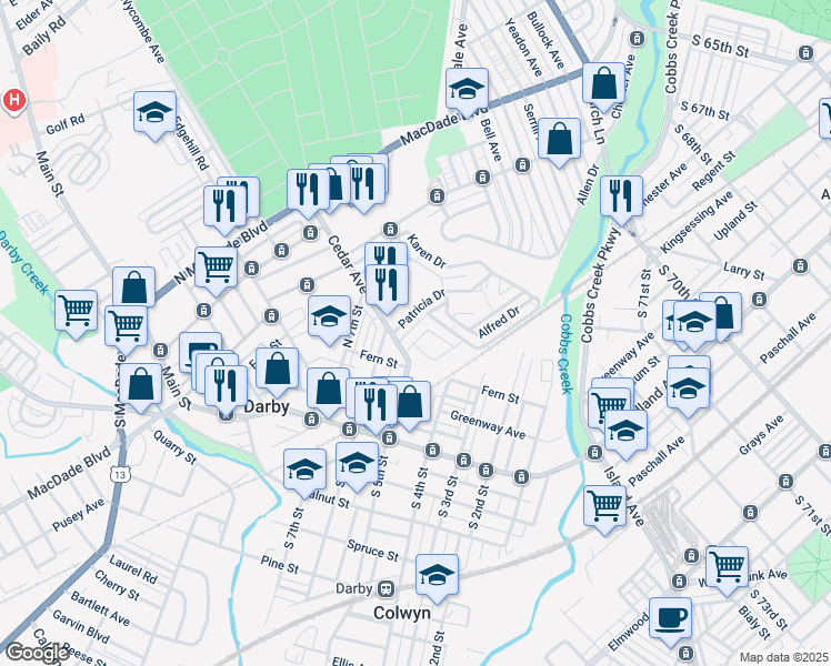 map of restaurants, bars, coffee shops, grocery stores, and more near 413 Coventry Avenue in Darby