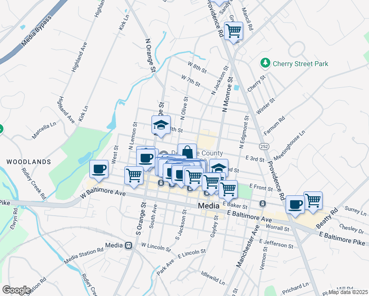 map of restaurants, bars, coffee shops, grocery stores, and more near 31 West 3rd Street in Media