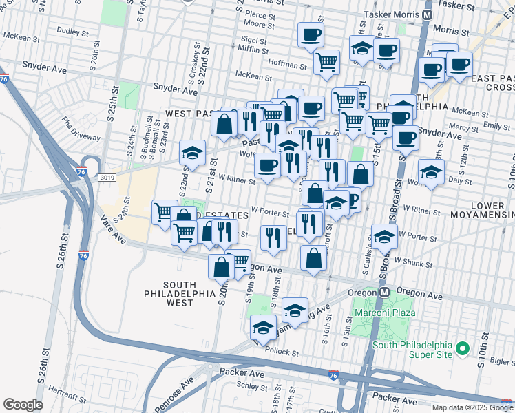 map of restaurants, bars, coffee shops, grocery stores, and more near 2447 South Garnet Street in Philadelphia