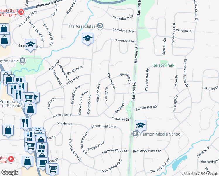 map of restaurants, bars, coffee shops, grocery stores, and more near 12838 Jeffrey Drive in Pickerington