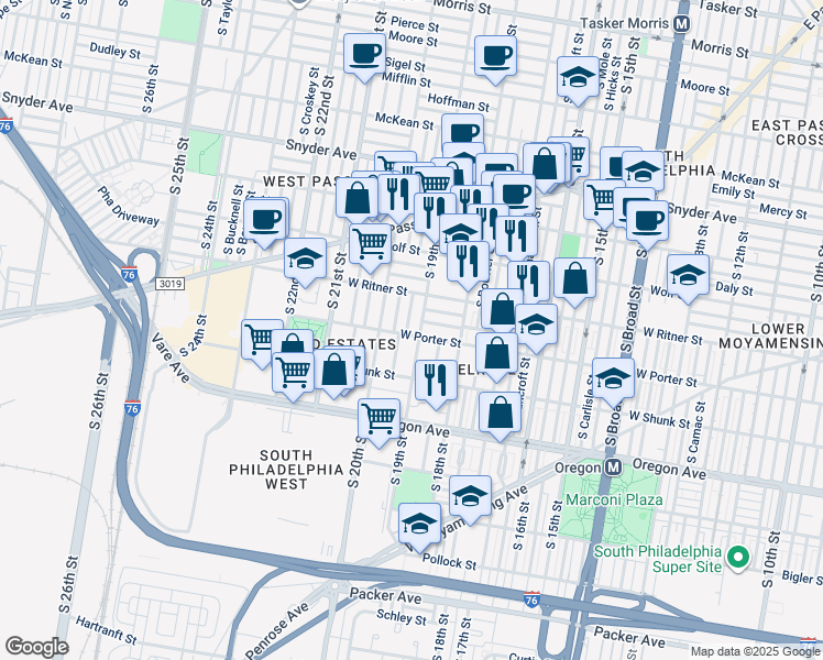 map of restaurants, bars, coffee shops, grocery stores, and more near 2447 South Garnet Street in Philadelphia