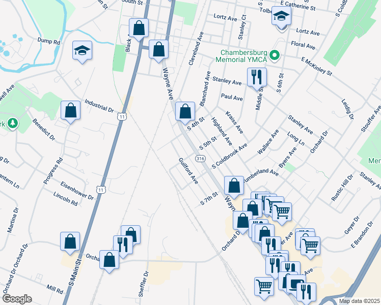 map of restaurants, bars, coffee shops, grocery stores, and more near 472 Wayne Avenue in Chambersburg
