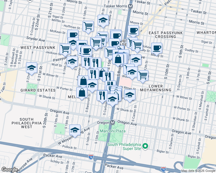 map of restaurants, bars, coffee shops, grocery stores, and more near 1507 West Ritner Street in Philadelphia