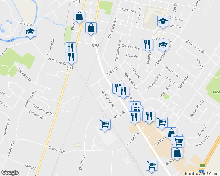 map of restaurants, bars, coffee shops, grocery stores, and more near 472 Wayne Avenue in Chambersburg