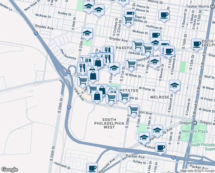 map of restaurants, bars, coffee shops, grocery stores, and more near 2512 South 22nd Street in Philadelphia