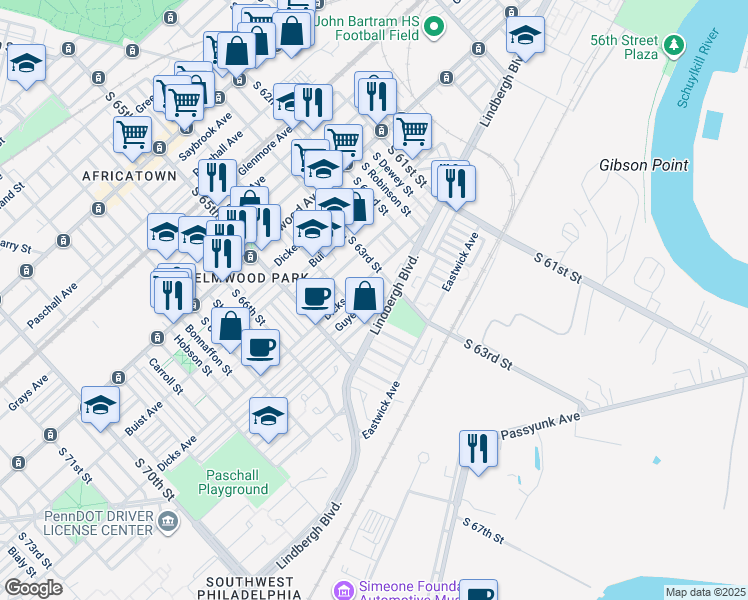 map of restaurants, bars, coffee shops, grocery stores, and more near 6306 Guyer Avenue in Philadelphia
