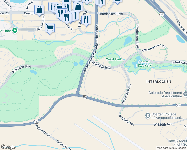 map of restaurants, bars, coffee shops, grocery stores, and more near 500 Eldorado Boulevard in Broomfield