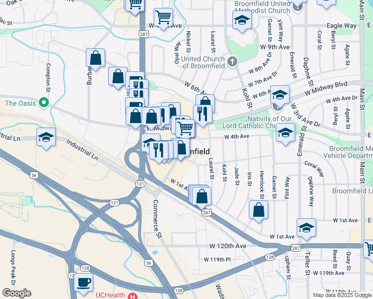 map of restaurants, bars, coffee shops, grocery stores, and more near in Broomfield