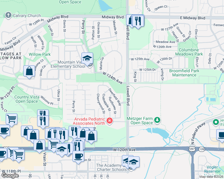 map of restaurants, bars, coffee shops, grocery stores, and more near 12241 West 122nd Avenue in Broomfield