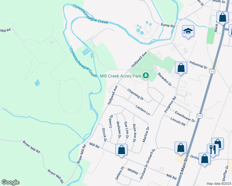 map of restaurants, bars, coffee shops, grocery stores, and more near 1168 Hollywell Avenue in Chambersburg
