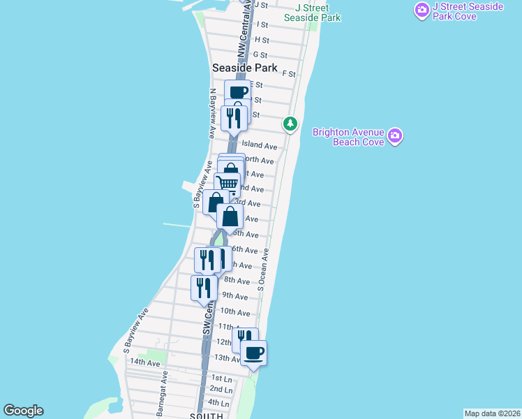 map of restaurants, bars, coffee shops, grocery stores, and more near 8 3rd Avenue in Seaside Park