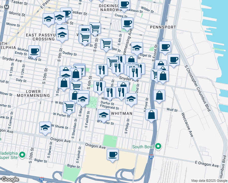 map of restaurants, bars, coffee shops, grocery stores, and more near 365 Tree Street in Philadelphia