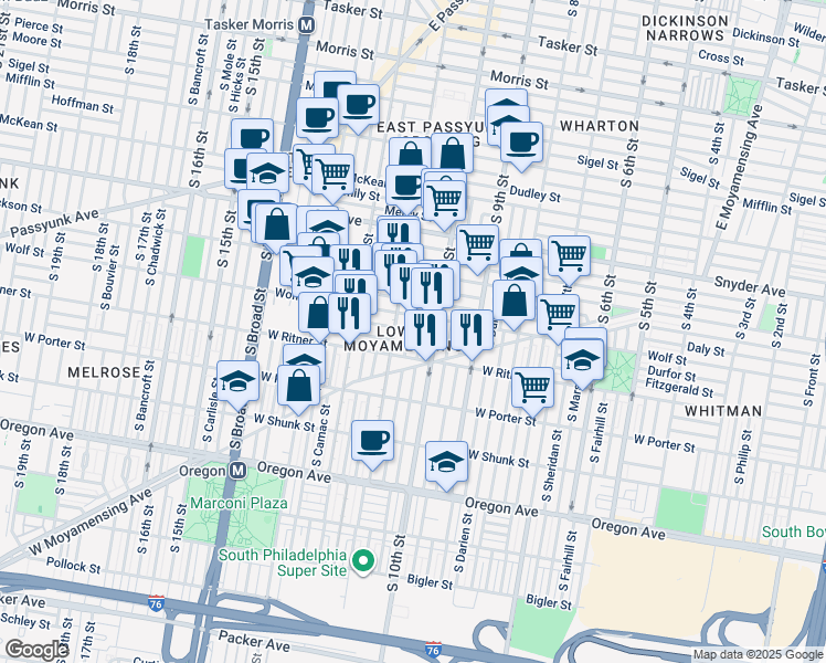 map of restaurants, bars, coffee shops, grocery stores, and more near 2319 South Warnock Street in Philadelphia