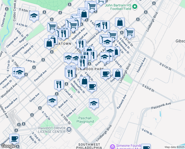 map of restaurants, bars, coffee shops, grocery stores, and more near 6531 Buist Avenue in Philadelphia