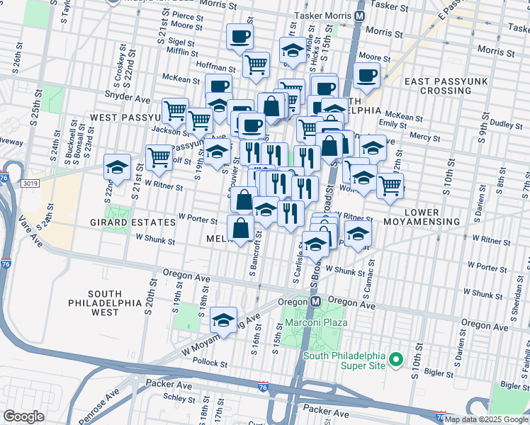 map of restaurants, bars, coffee shops, grocery stores, and more near 2417 South Bancroft Street in Philadelphia