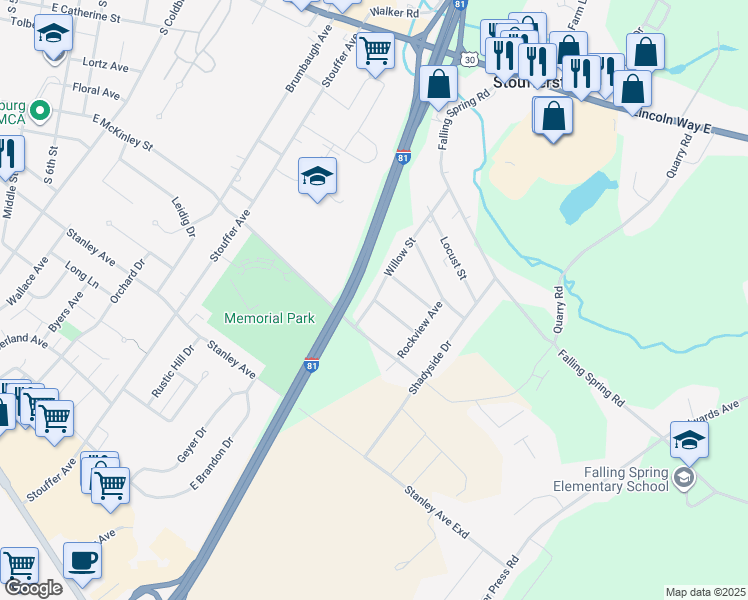 map of restaurants, bars, coffee shops, grocery stores, and more near 641 Willow Street in Chambersburg