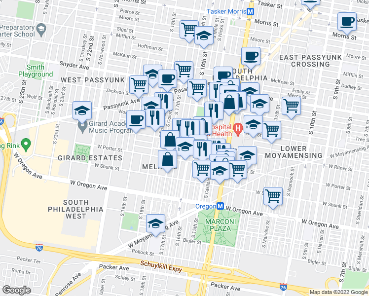 map of restaurants, bars, coffee shops, grocery stores, and more near 2417 South Bancroft Street in Philadelphia