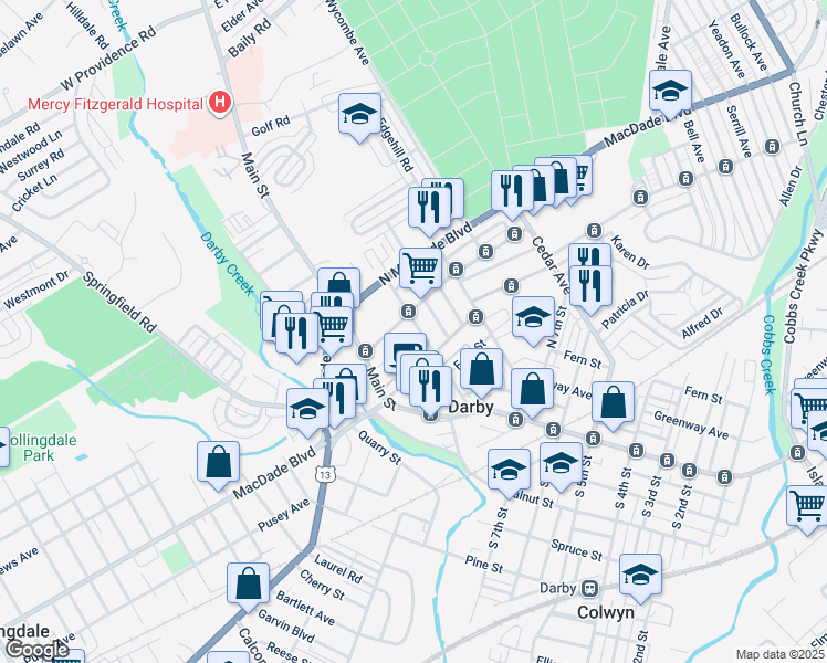 map of restaurants, bars, coffee shops, grocery stores, and more near 922 Ridge Avenue in Darby