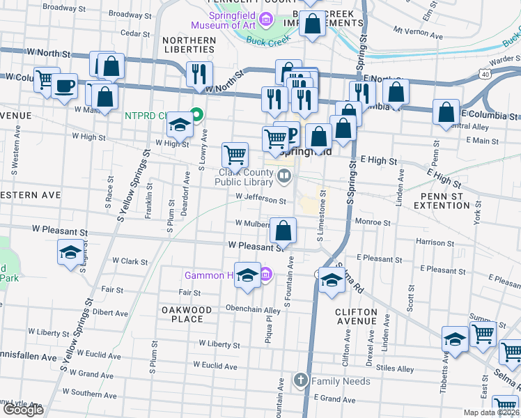 map of restaurants, bars, coffee shops, grocery stores, and more near 306 South Center Street in Springfield