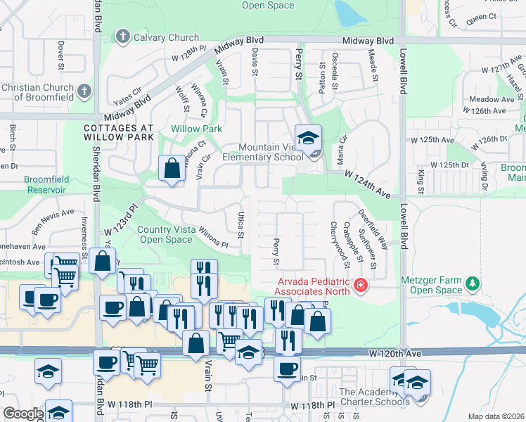 map of restaurants, bars, coffee shops, grocery stores, and more near 12205 Perry Street in Broomfield